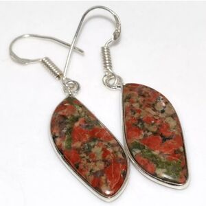 Unakite 925 Silver Plated Gemstone Handmade Earrings 1.8"